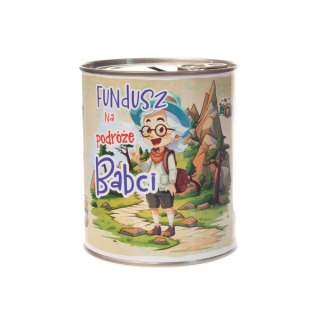 Skarbonka metalowa urodzinowa z napisem "Fundusz na podróże Babci"