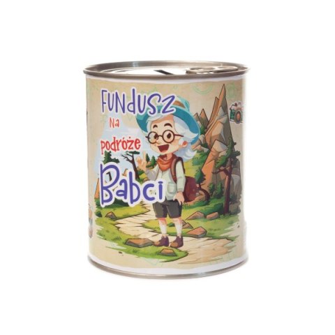 Skarbonka metalowa urodzinowa z napisem "Fundusz na podróże Babci"
