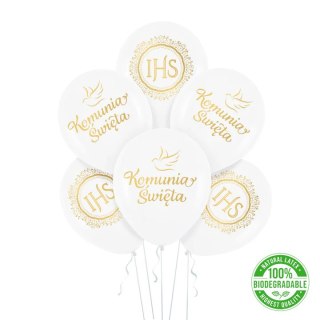 Balony komunijne biodegradowalne Komunia Święta IHS biało-złote 12cali 6szt. 127599