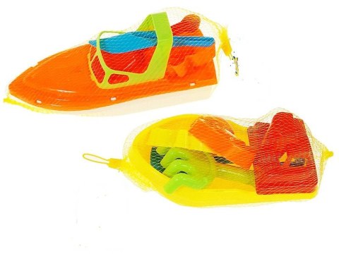 Zabawki do piasku 5 części, łódka 25 x 12 x 10cm z foremkami, łopatka i grabki