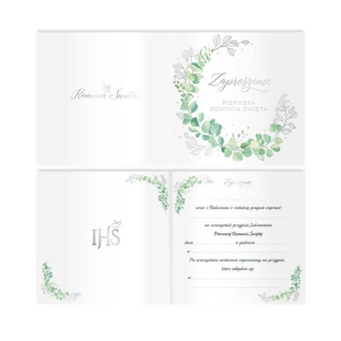 Zaproszenie na komunię Eukaliptus srebrny 10szt. 132586