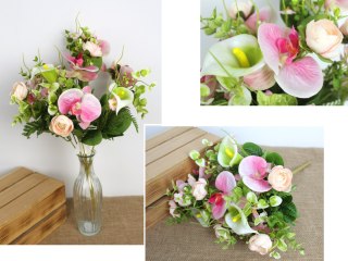 Bukiet mieszany STORCZYK, PIWONIA, KALIA wys. 45 cm, 9 łodyg (15 kwiatów 10-5 cm) RÓŻOWY jasny, cieniowany MZ-311B