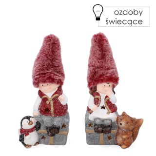 Figurka dziewczynka chłopak z liskiem i pingwinkiem na prezencie led 19,5cm